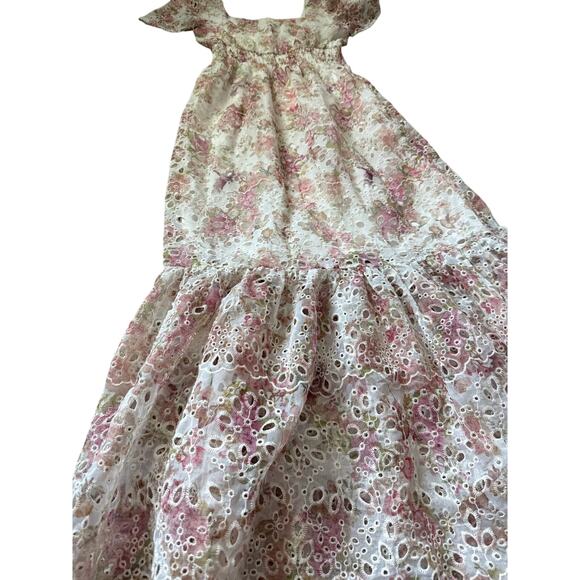 Solitaire Floral Eyelet Puffed Sleeve Maxi Dress Pink Size Small - Picture 10 of 11